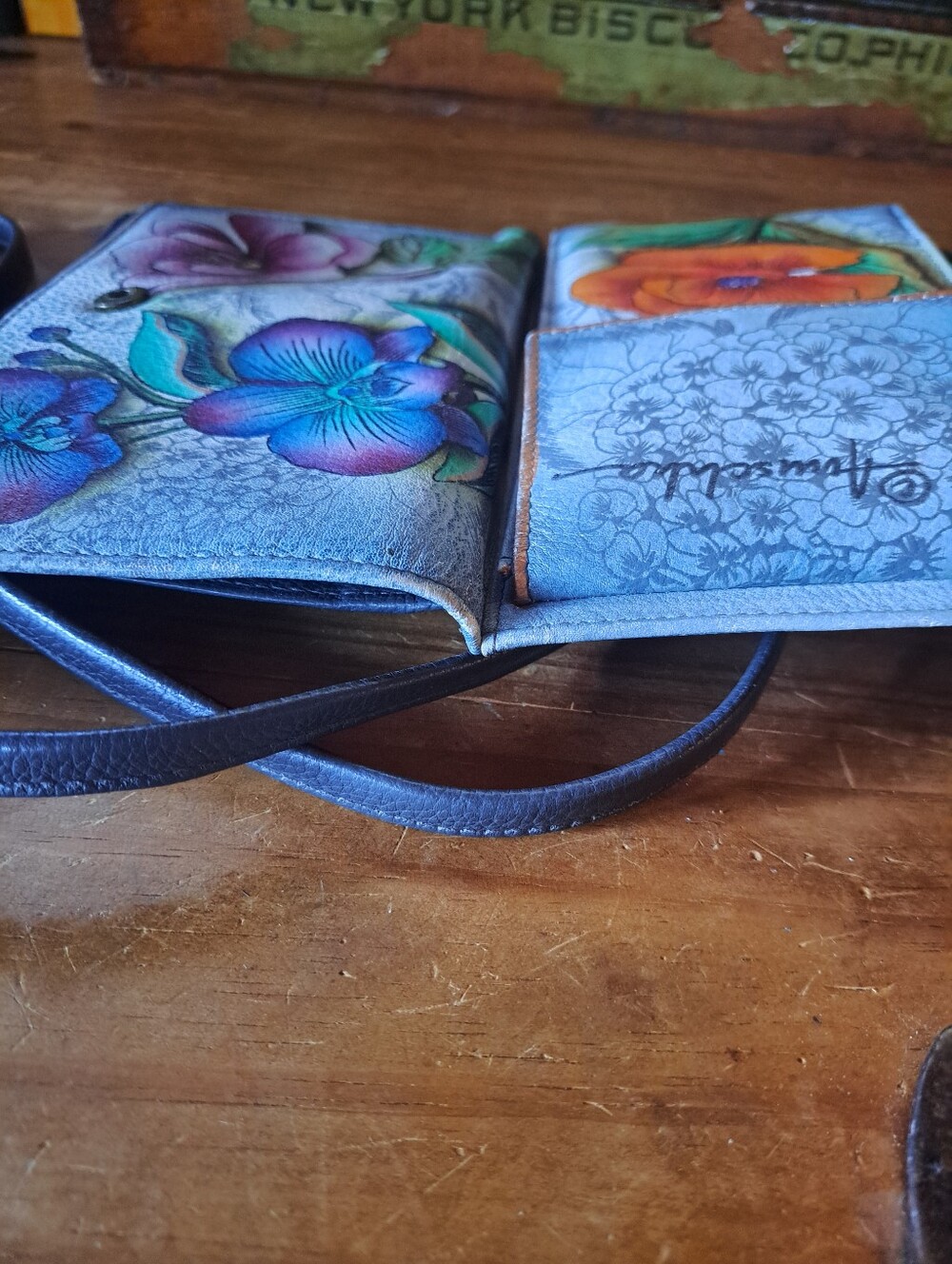 Anuschka Hand Painted Leather Crossbody Smartphone Wallet Orange Poppy Floral - Picture 4 of 13